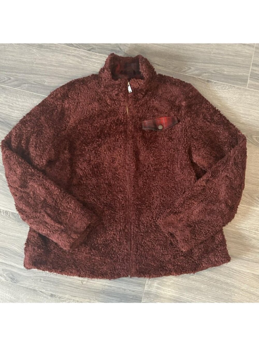 Pendleton Jacket Womens XL Red Sherpa Fleece Teddy Full Zip Plaid Lined Outdoor